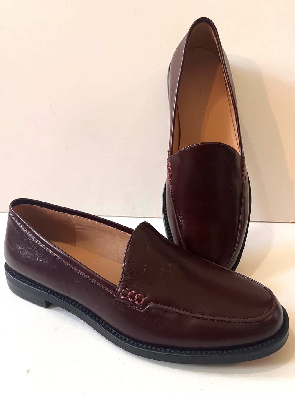 PECHE Leather Slip-On Elegant Loafers in Burgundy 37